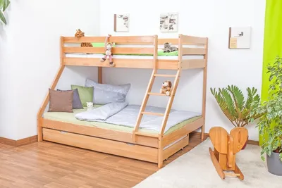 Produktbild von Etagenbett / Spielbett Lukas "Light" Buche massiv Natur mit schräger Leiter, inkl. Rollrost