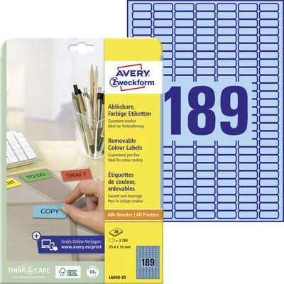 Produktbild von Avery Zweckform L6048-20, Farbige Etiketten, ablösbar, A4, 25,4 x 10 mm, 3.780 Etiketten / 20 Bögen, blau