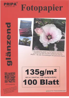 Produktbild von pripa DIN A4 135g/m² 100 Blatt Fotopapier high -glossy glaenzend -sofort trocken -wasserfest-hochweiß-sehr hohe Farbbrillanz