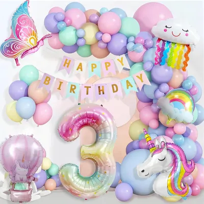 Obrázok produktu pre Unicorn Dekorácia na Narodeniny, 3 Roky Dievčatá, Balóny, Motýle, Ozdoba na Detskú Párty