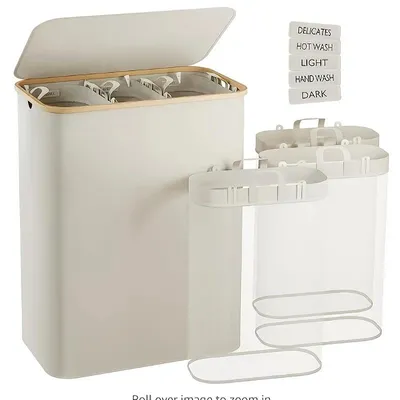 Produktbild von Wäschekorb 160L - 3-fach Wäschesortierer - Mit Deckel - Faltbar - 3 herausnehmbare Netztaschen - Bambusrahmen - Weiß