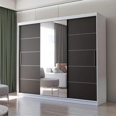 Schwebetürenschrank mt Spiegel in Weiß/Schwarz Alba
Breite: 250 cm
Höhe: 218 cm
Tiefe: 61 cm