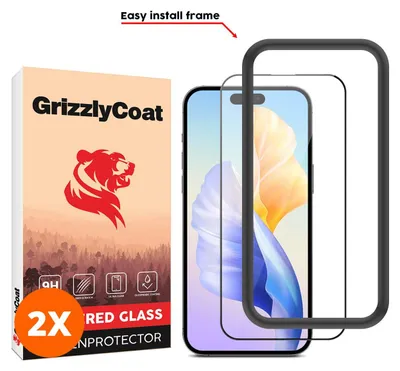Product packaging and a smartphone with a screen protector and an installation frame.