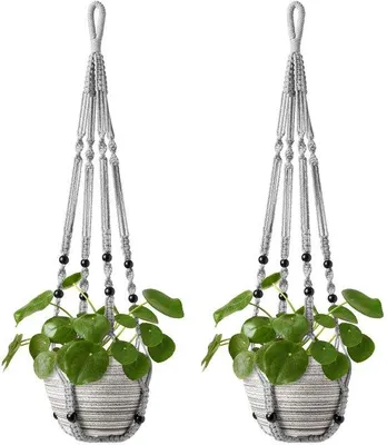 Image de Suspensions pour plantes grises avec perles en bois, 89 cm, lot de 2