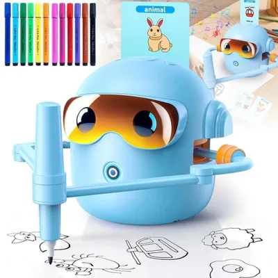 Productafbeelding van Tekenrobot voor kinderen, tekenrobot met tekenkaarten en stiften, stapsgewijze tekeninstructies, tekenmachine geschikt voor kinderen vanaf 3 jaar, blauw