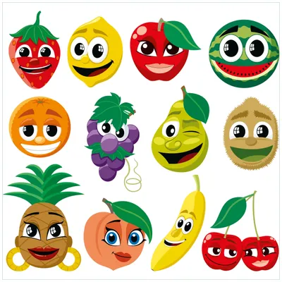 Produktbild von Wallario Premium Glasbild, freischwebende Optik, kräftige Farben, Größe 50 x 50 cm Motiv Obst-Smilies im Comic-Stil - Lustige Früchte