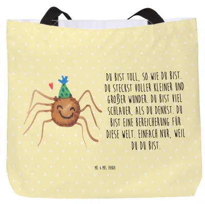 Produktbild von Mr. & Mrs. Panda Reisetasche Spinne Agathe Party - Gelb Pastell - Geschenk, Tasche, Beutel, Schultasche, Strandtasche, Selbstliebe, Glück, Wunder, Motivation, Tragetasche
