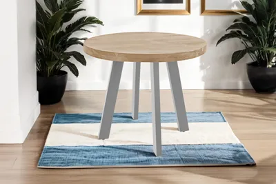 Produktbild von Runder Esszimmertisch 100 cm Sophia, Akazienholz massiv, Esstisch naturfarben, 4-Fuß-Gestell aus Metall Silber, Holztisch im Industrial-Stil, aufgedoppelte Tischplatte 50mm (25+25mm)