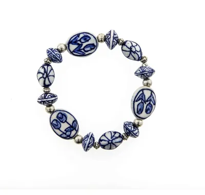 Image de Heinen Delfts Blauw – Bracelet Tulipes – Céramique – Élastique