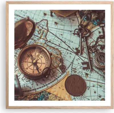 Produktbild von Gerahmtes Poster - Rahmen in heller Eiche - Kompass Vintage Karte - 60x60 cm - Wand Bild - Wanddeko - Wandbilder - Wandposter - Bilderrahmen - Bilder - Kunstdruck - Wandbild - P2NAC60x60-4302
