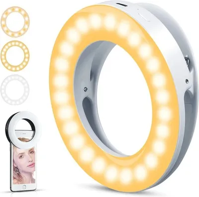 Image de Anneau lumineux à clip LED ZELURXX, 40 LED, 3200K-6500K, éclairage d'appoint pour selfies, pour iPhone et téléphones Android, lampe d'amélioration de la charge USB, blanc
