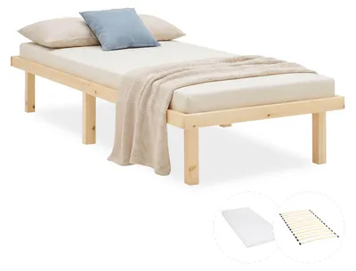 Image de Cadre de lit 90x200 cm avec Matelas Lit en bois massif Lit simple Lit palette Lit d'enfant Sommier à lattes