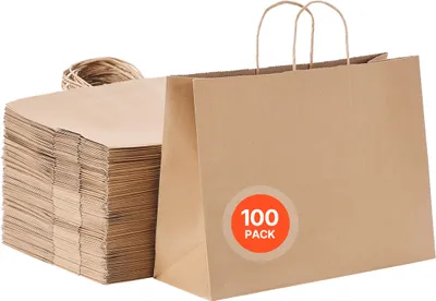 Produktbild von VEVOR Kraftpapiertüten, 100er-Pack, 406 x 152 x 308 mm, große wiederverwendbare Einkaufstüten aus Papier für Geburtstage, Hochzeiten, Einkäufe, Geschenke, braun
