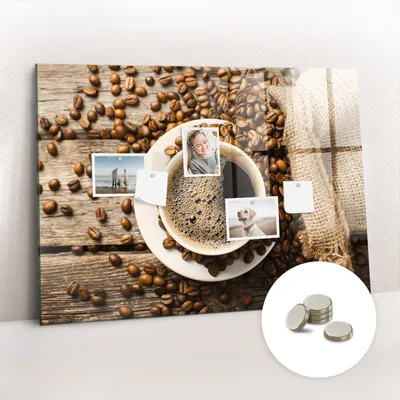 Produktbild von Magnetische Wandtafel aus Glas – Memotafel mit gebogener Vorderseite – Enthält 5 Magnete – 100x70 cm – Kaffeetüte