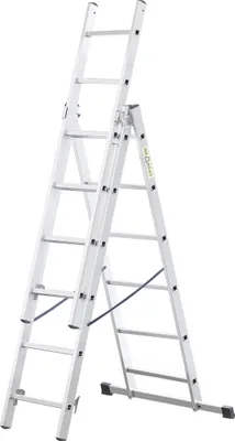 A silver-colored multi-purpose ladder is shown against a white background.