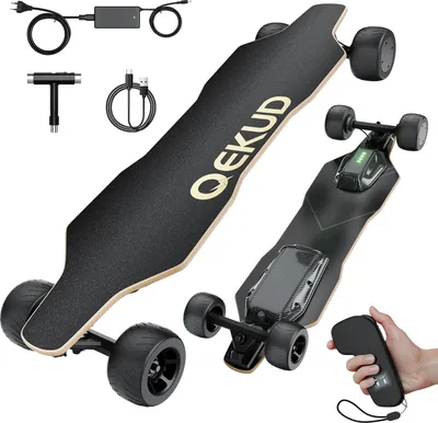 Immagine prodotto di Qekud S3 skateboard elettrico - 1100W doppio motore, 45 km/h, 35 km di autonomia, ruote Cloud all-terrain, IPX4 impermeabile, telecomando OLED, per adulti