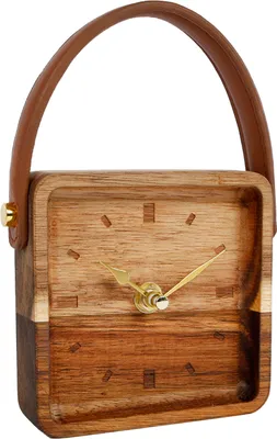 Produktbild von Holz Uhr zum hinstellen oder hängen mit dekorativem Tragegriff - Größe ca. 11x11 cm (klein)