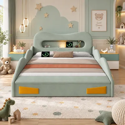 Imagen del producto de Cama para niños okwish de 140x200 cm con luz de lectura, toma de corriente en la cabecera, estructura acolchada con cajón de almacenamiento en el piecero, cama individual de color verde, sin colchón