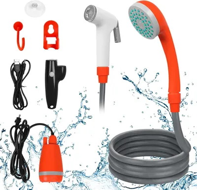 A collection of camping shower accessories, including a shower head, pump, and charging cable, arranged with water splash graphics.