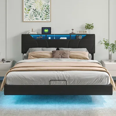 Obrázok produktu pre Čalúnená posteľ Fortuna Lai 140x200 cm s USB, hydraulická skriňová posteľ s úložným priestorom, manželská posteľ pre mladých s LED a lamelovým roštom, úložná posteľ s úložným čelom a LED, PU, čierna