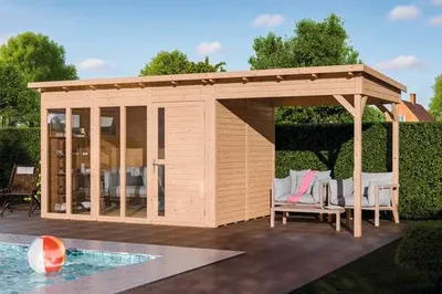 Produktbild von Gartenhaus Bertilo Pentus 3 Poolhouse inkl. Bodenplatte, Schleppdach 582 x 266 cm natur