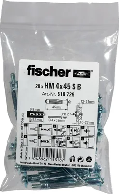 Produktbild von Fischer 518729, Schrauben- & Dübelsatz, Gipsfaserplatten, Gipskarton, Metall, 4 mm, 45 mm, 8 mm