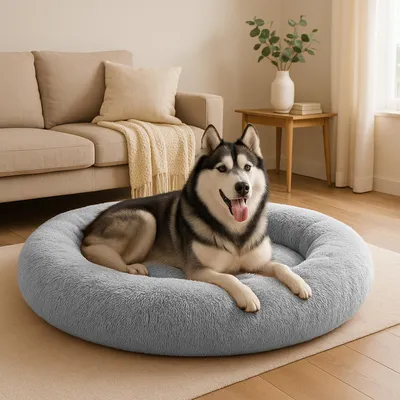 Obrázok produktu pre belviona donutový pelech pre psov, plyšový pelech s mäkkou výplňou, bezpečným uchytením a ergonomickým okrajom, priemer 120 cm, svetlosivý