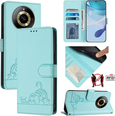 Produktbild von Leder Hülle für Realme 11 4G Süße Katze Flip Case Brieftasche Schutzhülle mit Standfunktion hellgrün