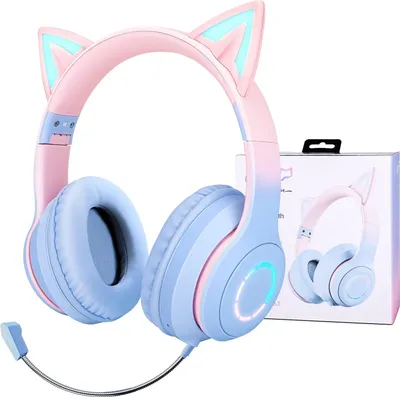 Produktbild von Kinder-Kopfhörer für Mädchen, LED-Beleuchtung, Katzenohren, Kinder-Bluetooth-Kopfhörer, verstellbare Kopfhörer, Over-Ear, mit Mikrofon für Teenager