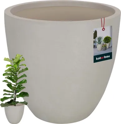 A large gray planter with a small potted plant in front of it.