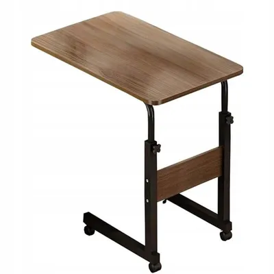 A mobile, height-adjustable bedside table with a wooden top and black metal frame with wheels.