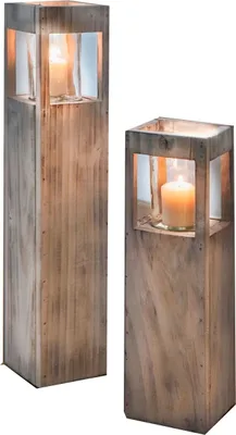 Produktbild von 2tlg. Set Shabby Holz Windlicht 70 / 50cm Säule Bodenwindlicht Deko Kerzenhalter