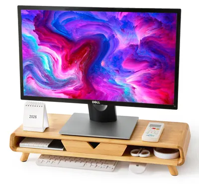 Zdjęcie produktu dla Omgoods - Podwyższenie monitora z bambusa z szufladą - Ergonomiczna podstawa monitora