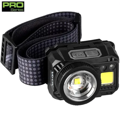 A black Vayox LED headlamp with a patterned strap is shown on a white background.