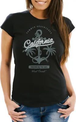 Produktbild von Damen T-Shirt Anker Palmen Anchor Palms Slim Fit Baumwolle Neverless® schwarz-blau XXL