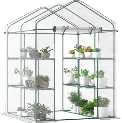 Image de Outsunny Serre de jardin avec étagères 3 niveaux, serre de balcon, bâche renforcée, châssis en acier, porte zippée enroulable, pour légumes plantes fleurs, intérieur et extérieur, 143x143x195cm, vert