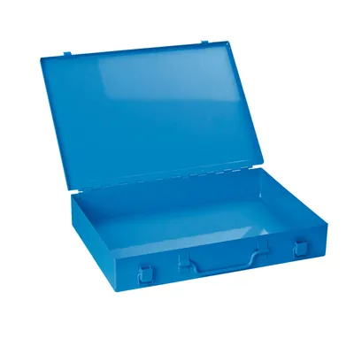 An open blue metal toolbox on a white background.