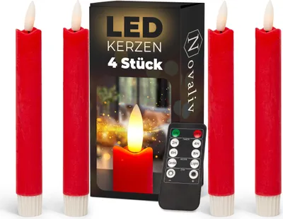 Produktbild von Stabkerzen LED mit Timer ROT 4 Stück ROT indoor - 6 Stunden - ECHTWACHS 18cm Höhe für Kerzen 2,2cm Durchmesser 2 AAA Batterien notwendig LED Stabkerzen flackernde Flamme bewegliche Flamme Licht