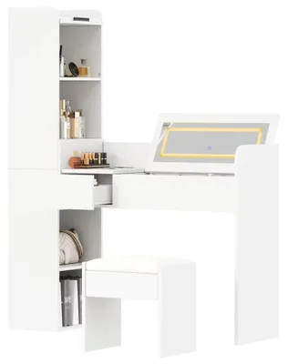 Imagen del producto de Tocador - Mesa de maquillaje - Con espejo - Taburete - Cajón oculto - Armario lateral - Diseño moderno y minimalista - Blanco