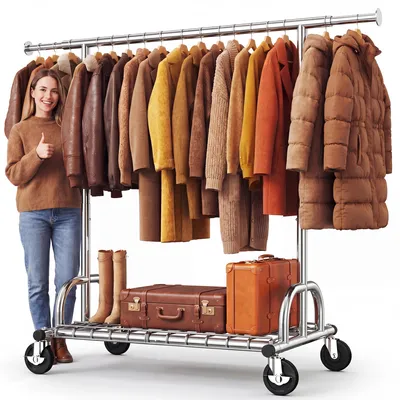 Productafbeelding van HOKEEPER kledingrek met legplanken, draagvermogen 204 kg, kledingstang op wielen, draagbare garderobestandaard voor het ophangen van kleding, chroom