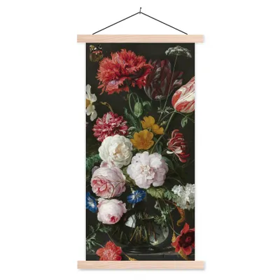 Obrázok produktu pre MuchoWow® Textilný plagát - Zátišie s kvetmi v sklenenej váze - Maľba od Jan Davidsz. de Heem - 90x180cm - S hnedými lamelami