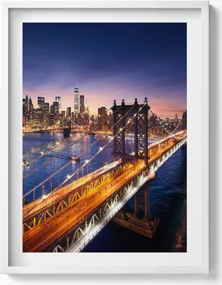 Produktbild von New York - Sonnenuntergang über Manhattan– Wandbild mit Rahmen – Gerahmtes Bild  – Wanddekoration – 60x80 cm –  Weiß Rahmen