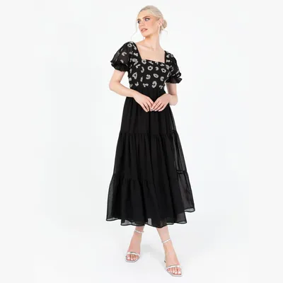 Produktbild von Lovedrobe Damen Midaxi-Kleid, Damenmodell, mit Tierprint und Pailletten, kurze, puffige Ärmel