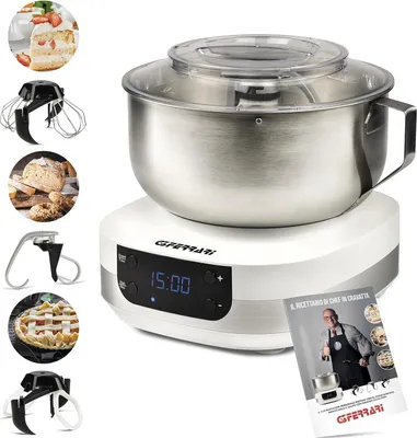 Produktbild von G3 Ferrari G20145 Gourmet Knetmaschine, 1500 Watt, 5 Liter, Edelstahlschüssel mit Griff, Digitalanzeige, Geschwindigkeiten, Timer, inklusive