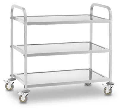 Servierwagen 500 kg, 3 Ablagen, Edelstahl, 83,5x43 cm, mit Bremsen