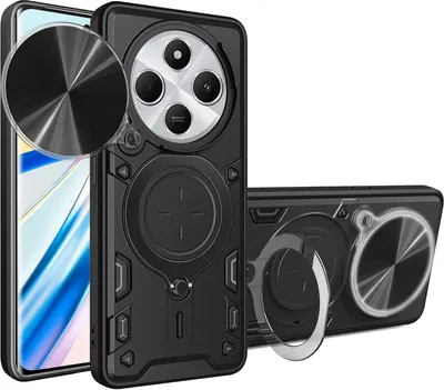 Obrázok produktu pre Pre Xiaomi Redmi 14C 4G – textúrované puzdro s vysúvacou kamerou z TPU/PC s krúžkom, čierne