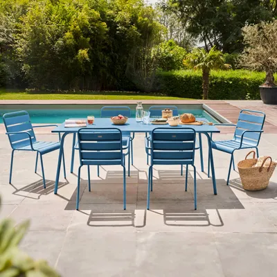 Produktbild von Gartentisch und 6 Stahlsessel Pazifisch blau - Oviala Palavas