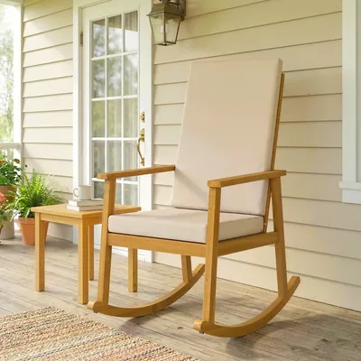Produktbild von SUGIFT Schaukelstuhl Akazienholz, Schaukelsessel mit hoher Rückenlehne, Holzschaukelstuhl, Beige | 89 x 60 x 107 cm | bis 160 kg | 63 cm Rückenlehne