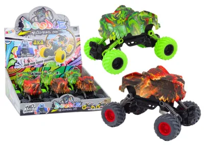 Produktbild von Dinosaurier-Auto mit Reibungsantrieb, rot oder grün im Gelände