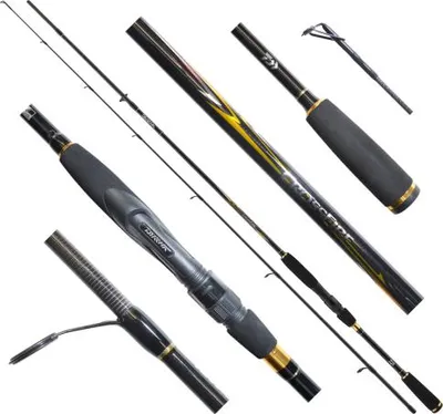 Multiple parts of fishing rods are arranged diagonally on a white background.